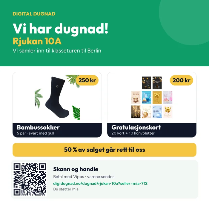 Eksempel på facebook & instagram fra salgspakken, med gruppas navn, produkter og QR-kode