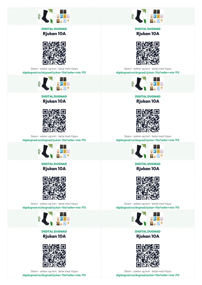 Eksempel på qr-lapper fra salgspakken, med gruppas navn, produkter og QR-kode