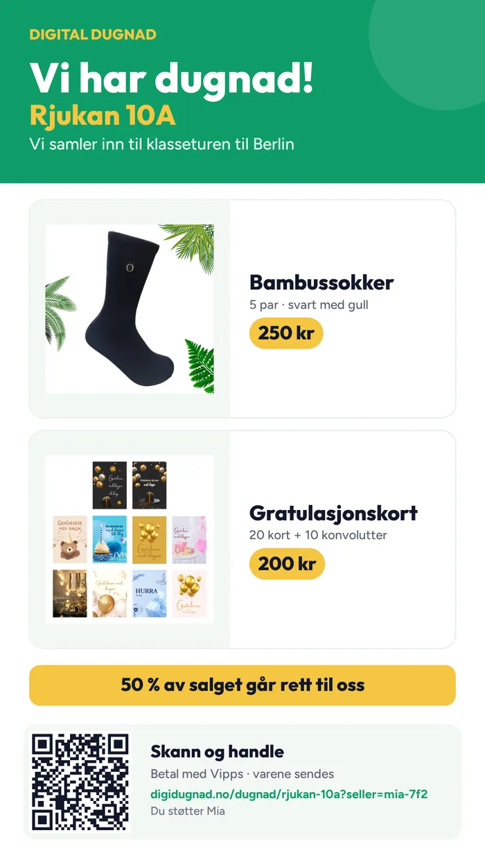 Eksempel på story & snap fra salgspakken, med gruppas navn, produkter og QR-kode